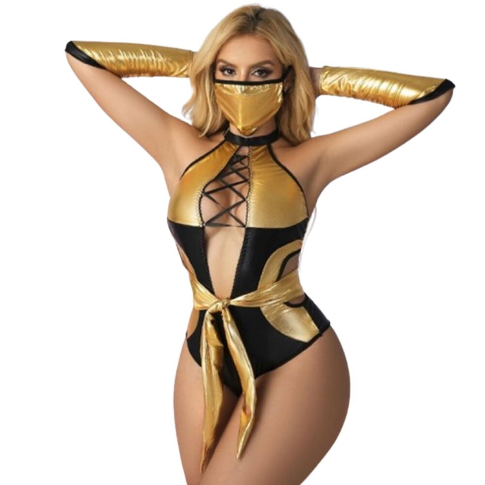 3866 Sexy Ninja Costume – Gold & Black Lace-Up Bodysuit Set with Mask, Arm